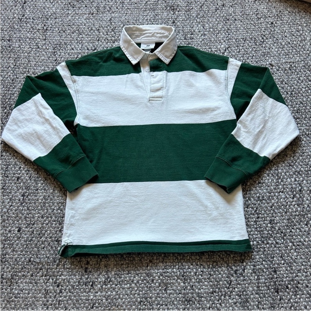 Green and White Striped Varsity Rugby Shirt oversized XS H&M 100% cotton - Picture 9 of 11